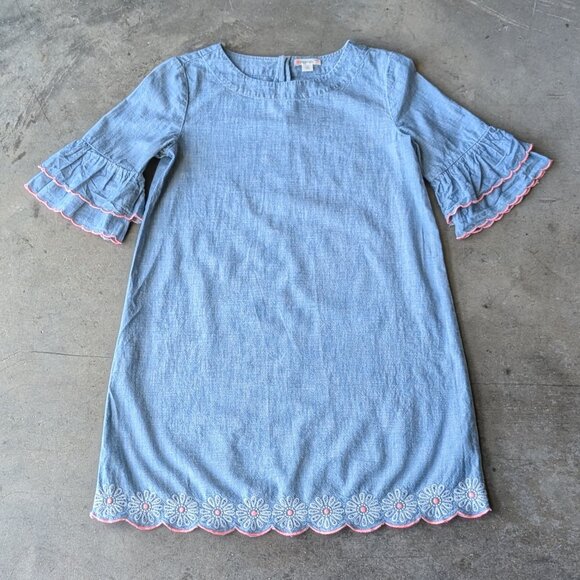 J. Crew Crewcuts Blue Denim Chambray Ruffle Sleeve Floral Embroidered Dress - Picture 1 of 6
